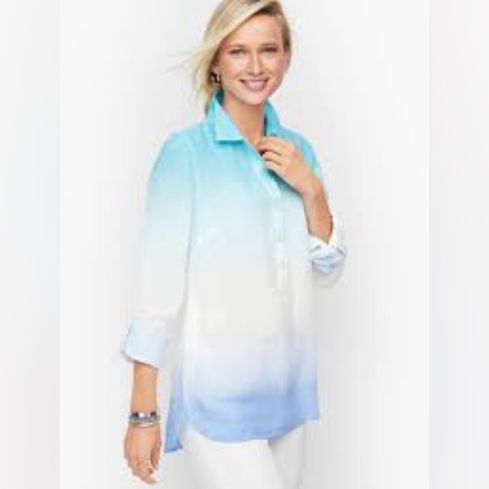 Talbots Button detail linen dip dye popover roll tab sleeve top, large petite.
